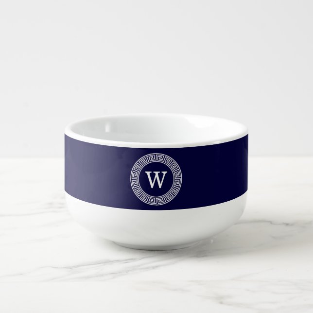 Navy Blue Wht Greek Key Rnd Frame Initial Monogram Soup Mug (Front)