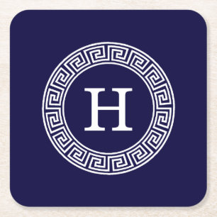 Navy Blue Wht Greek Key Rnd Frame Initial Monogram Square Paper Coaster