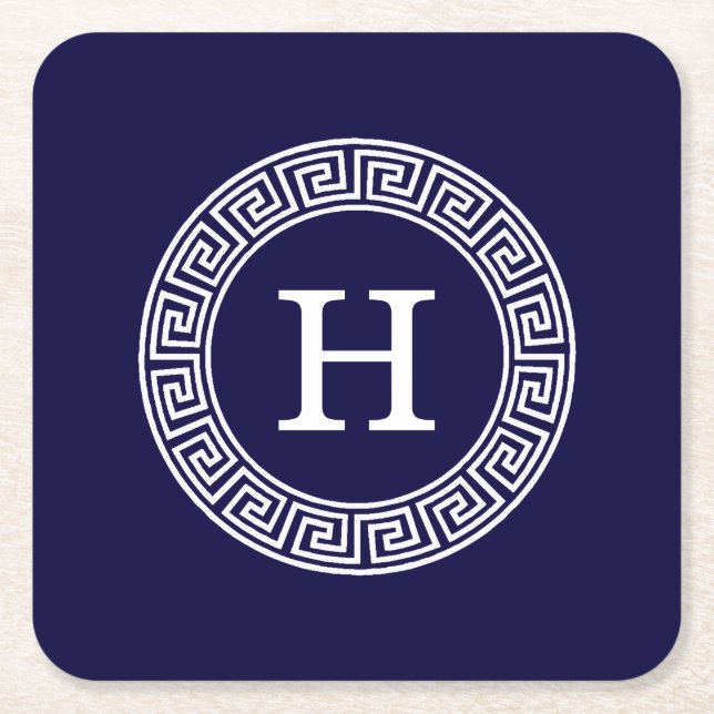 Navy Blue Wht Greek Key Rnd Frame Initial Monogram Square Paper Coaster (Front)