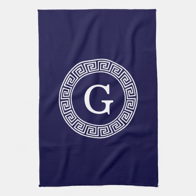 Navy Blue Wht Greek Key Rnd Frame Initial Monogram Towel (Vertical)