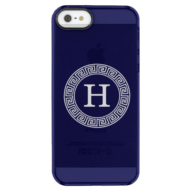 Navy Blue Wht Greek Key Rnd Frame Initial Monogram Uncommon iPhone Case (Back)