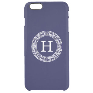 Navy Blue Wht Greek Key Rnd Frame Initial Monogram Clear iPhone 6 Plus Case