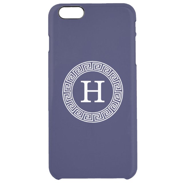 Navy Blue Wht Greek Key Rnd Frame Initial Monogram Uncommon iPhone Case (Back)