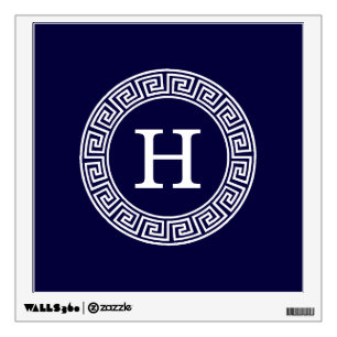 Navy Blue Wht Greek Key Rnd Frame Initial Monogram Wall Sticker