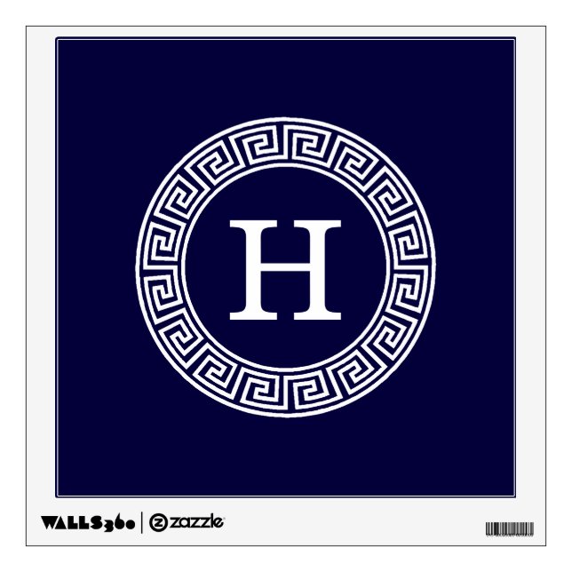 Navy Blue Wht Greek Key Rnd Frame Initial Monogram Wall Sticker (Front)