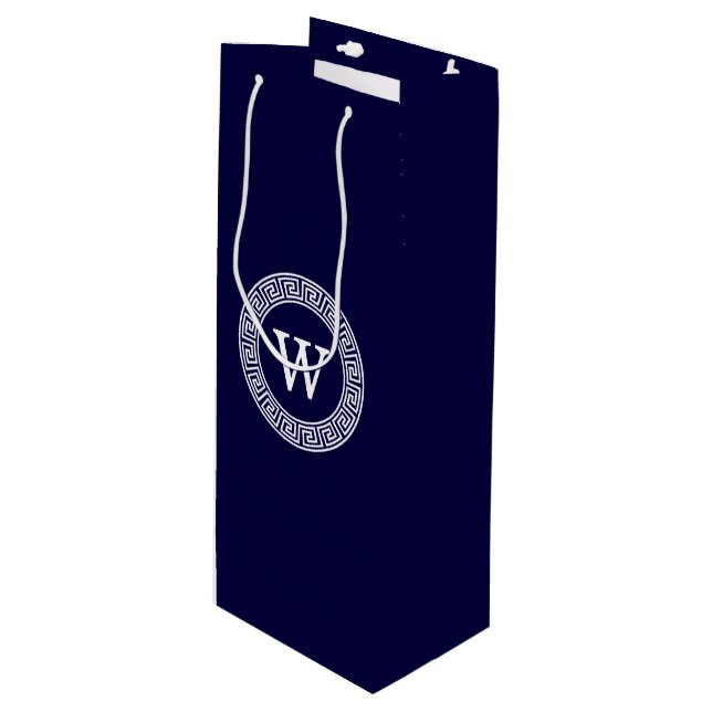 Navy Blue Wht Greek Key Rnd Frame Initial Monogram Wine Gift Bag (Front Angled)
