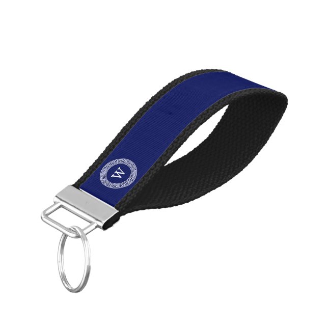 Navy Blue Wht Greek Key Rnd Frame Initial Monogram Wrist Keychain (Angled Down)