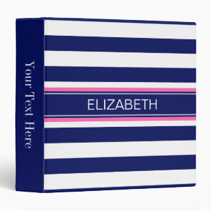 Navy Blue Wht Horiz Stripe Hot Pink Name Monogram 3 Ring Binder