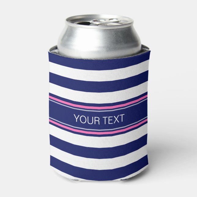 Navy Blue Wht Horiz Stripe Hot Pink Name Monogram Can Cooler (Can Front)