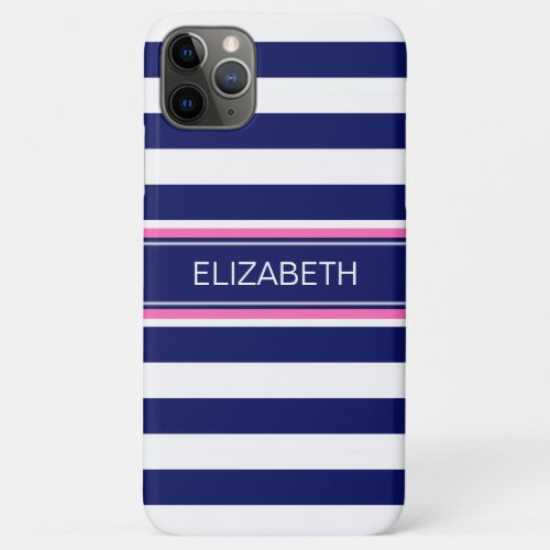 Navy Blue Wht Horiz Stripe Hot Pink Name Monogram iPhone 11 Pro Max Case