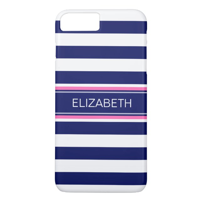 Navy Blue Wht Horiz Stripe Hot Pink Name Monogram Case-Mate iPhone Case (Back)