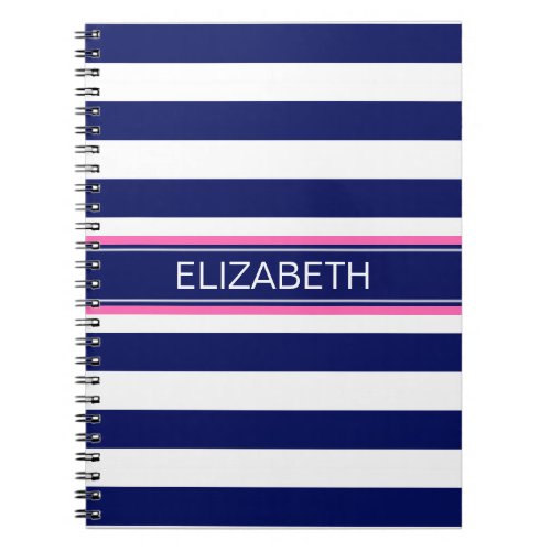 Navy Blue Wht Horiz Stripe Hot Pink Name Monogram Notebook