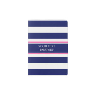 Navy Blue Wht Horiz Stripe Hot Pink Name Monogram Passport Holder