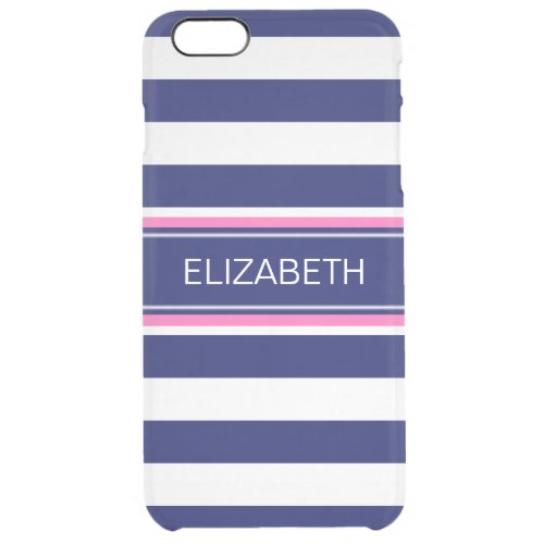 Navy Blue Wht Horiz Stripe Hot Pink Name Monogram Clear iPhone 6 Plus Case