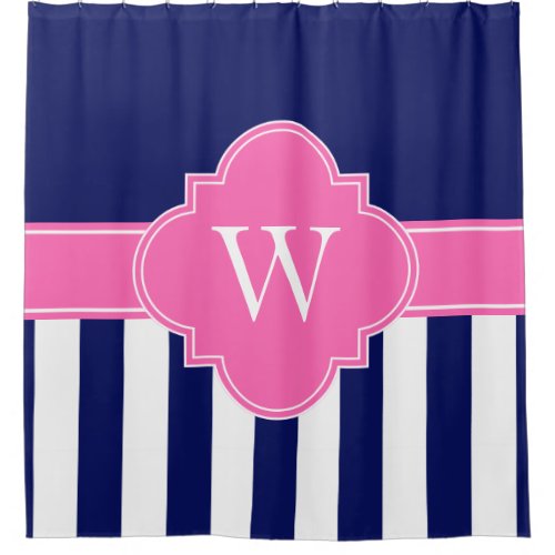 Navy Blue Wht LG Stripe 1ICBR Hot Pink Monogram Shower Curtain