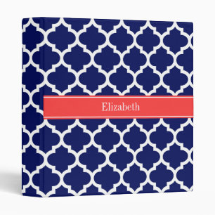 Navy Blue Wht Moroccan #5 Coral Red Name Monogram 3 Ring Binder
