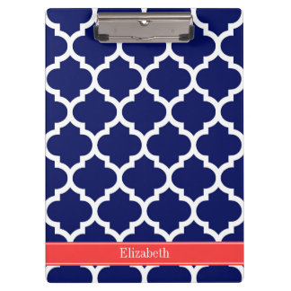 Navy Blue Wht Moroccan #5 Coral Red Name Monogram Clipboard