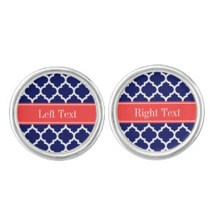 Navy Blue Wht Moroccan #5 Coral Red Name Monogram Cufflinks