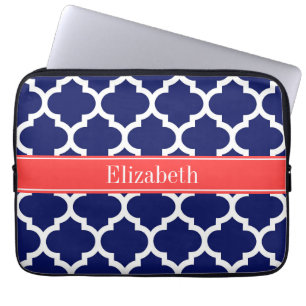 Navy Blue Wht Moroccan #5 Coral Red Name Monogram Laptop Sleeve