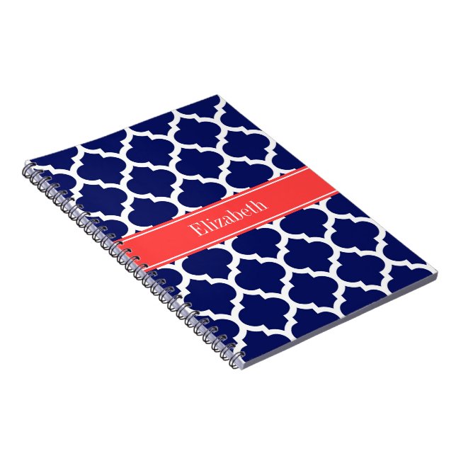 Navy Blue Wht Moroccan #5 Coral Red Name Monogram Notebook (Right Side)