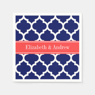 Navy Blue Wht Moroccan #5 Coral Red Name Monogram Paper Napkins