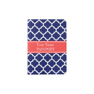 Navy Blue Wht Moroccan #5 Coral Red Name Monogram Passport Holder