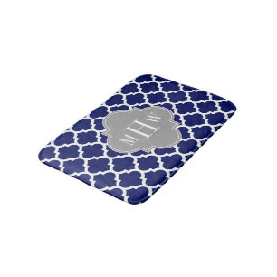 Navy Blue Wht Moroccan #5 Gray 3 Initial Monogram Bathroom Mat