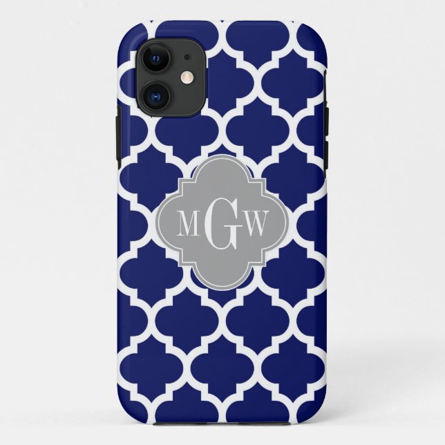 Navy Blue Wht Moroccan #5 Gray 3 Initial Monogram Case-Mate iPhone Case (Back)
