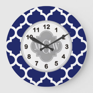 Navy Blue Wht Moroccan #5 Gray 3 Initial Monogram Large Clock
