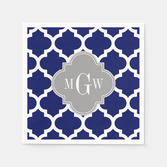 Navy Blue Wht Moroccan #5 Gray 3 Initial Monogram Paper Napkins (Front)