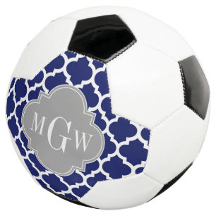 Navy Blue Wht Moroccan #5 Gray 3 Initial Monogram Soccer Ball