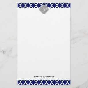 Navy Blue Wht Moroccan #5 Gray 3 Initial Monogram Stationery