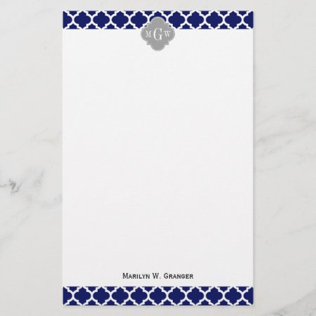 Navy Blue Wht Moroccan #5 Gray 3 Initial Monogram Stationery
