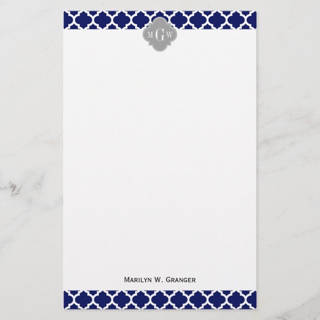 Navy Blue Wht Moroccan #5 Gray 3 Initial Monogram Stationery (Front)
