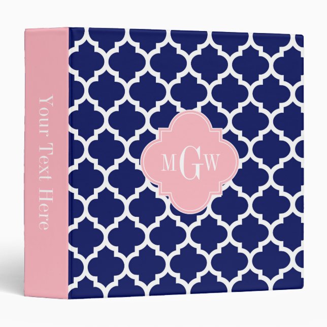 Navy Blue Wht Moroccan #5 Pink 3 Initial Monogram 3 Ring Binder (Front/Spine)