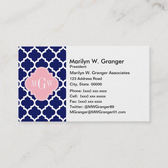 Navy Blue Wht Moroccan #5 Pink 3 Initial Monogram Business Card (Front)