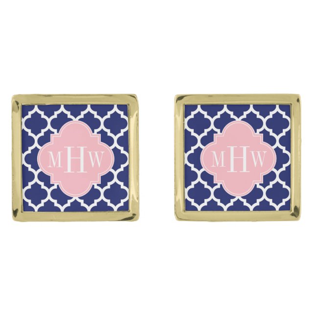 Navy Blue Wht Moroccan #5 Pink 3 Initial Monogram Gold Cufflinks (Front)