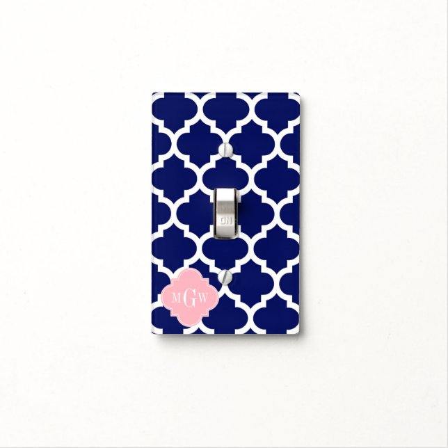 Navy Blue Wht Moroccan #5 Pink 3 Initial Monogram Light Switch Cover (In Situ)