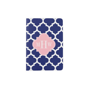 Navy Blue Wht Moroccan #5 Pink 3 Initial Monogram Passport Holder