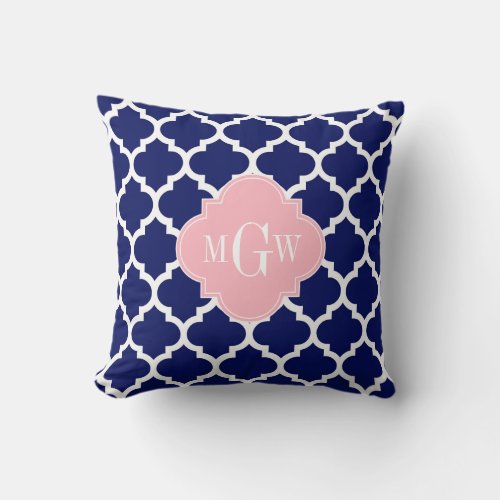 Navy Blue Wht Moroccan 5 Pink 3 Initial Monogram Throw Pillow
