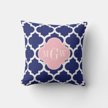 Navy Blue Wht Moroccan #5 Pink 3 Initial Monogram Throw Pillow by FantabulousPatterns at Zazzle