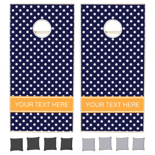 Navy Blue Wht Polka Dots Cantaloupe Name Monogram Cornhole Set