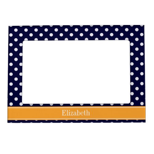 Navy Blue Wht Polka Dots Cantaloupe Name Monogram Magnetic Photo Frame