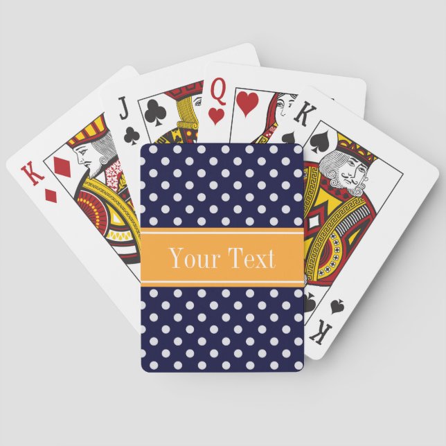 Navy Blue Wht Polka Dots Cantaloupe Name Monogram Poker Cards (Back)