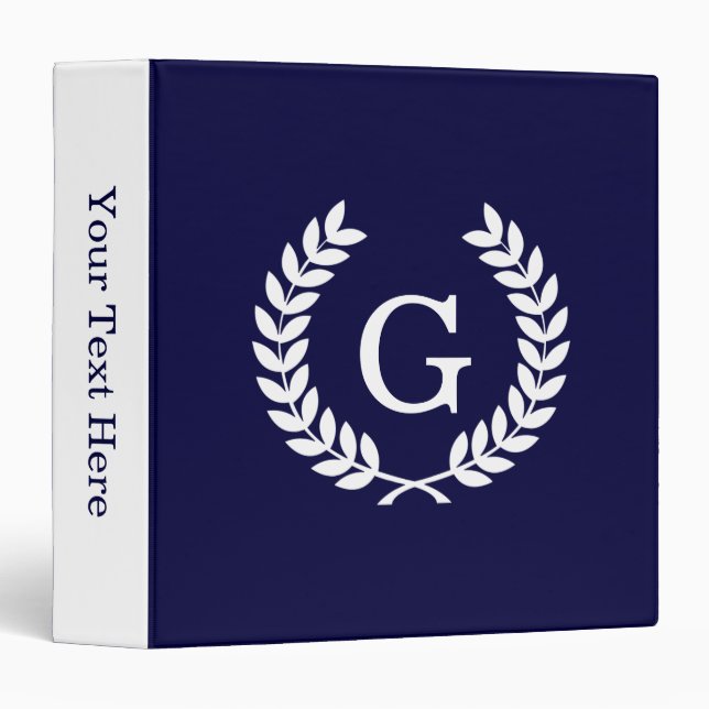 Navy Blue Wht Wheat Laurel Wreath Initial Monogram 3 Ring Binder (Front/Spine)
