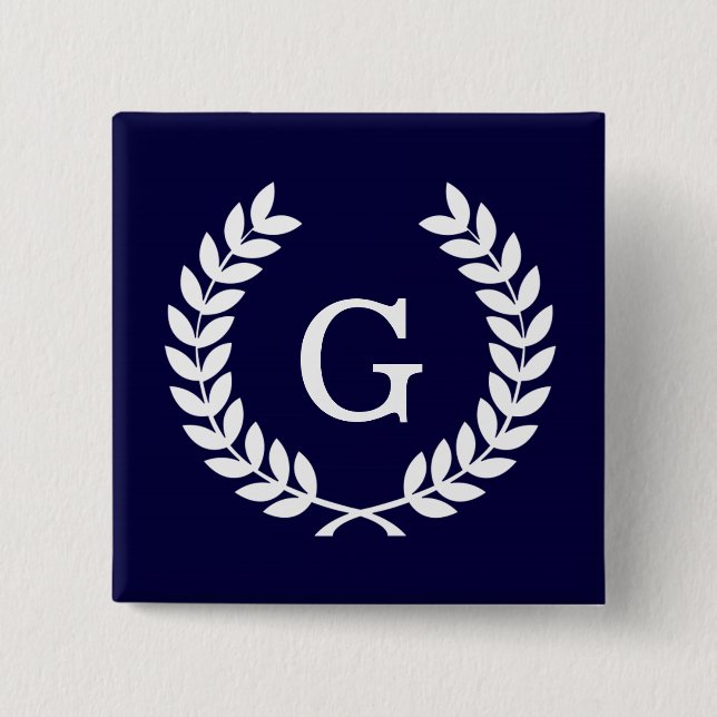 Navy Blue Wht Wheat Laurel Wreath Initial Monogram Button (Front)