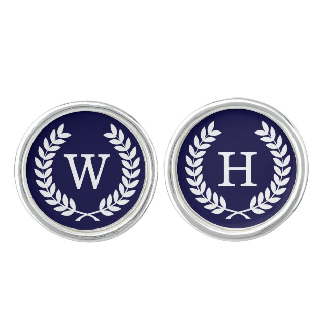 Navy Blue Wht Wheat Laurel Wreath Initial Monogram Cufflinks (Front)