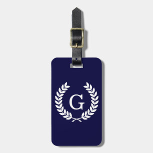 Navy Blue Wht Wheat Laurel Wreath Initial Monogram Luggage Tag