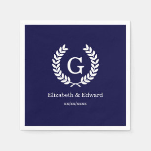 Navy Blue Wht Wheat Laurel Wreath Initial Monogram Paper Napkins
