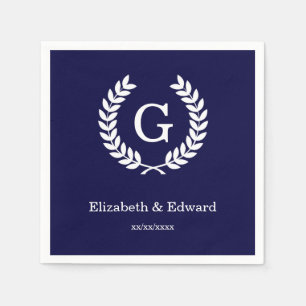 Navy Blue Wht Wheat Laurel Wreath Initial Monogram Paper Napkins